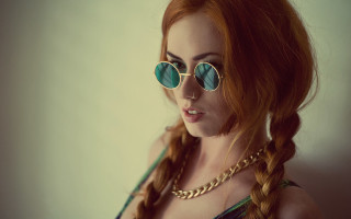 Red haired woman sunglasses cellphone 2 - preraphaelitism free wallpaper