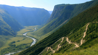 Mountain road river valley landscape 2 - road free wallpaper