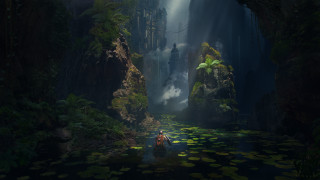 River boat trees waterlilies waterfall - a man in a boat free wallpaper