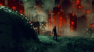 Futuristic city clock tower cyberpunk - dystopian art free wallpaper