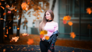 Woman tree falling leaves autumn - elina karimova free wallpaper
