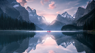 Boat mountains trees sunset pink - a matte painting free wallpaper for desktop