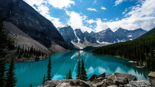 Lake mountains trees blue sky 32 - bob ross free wallpaper