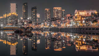 Tokyo skyline boat night reflection - the water and buildings free wallpaper