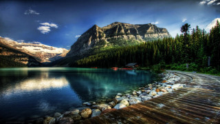 Lake dock cabin mountains clouds - naturalism free wallpaper