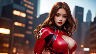 Woman red suit cyberpunk city - a red helmet free wallpaper