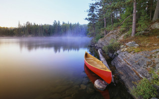 Canoe dock lake fog trees - a canoe free wallpaper