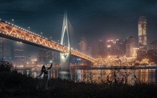 Night cityscape bridge hill cyberpunk - cinematic free wallpaper for desktop