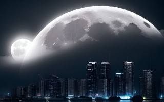 City skyline moon boat night - full free wallpaper