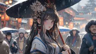 Woman umbrella rain crowd festival - a detailed painting free wallpaper for desktop