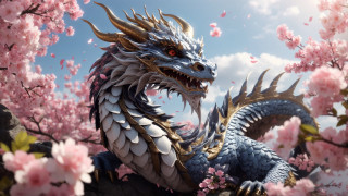 Dragon sakura tree pink flowers - dragon art free wallpaper