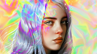 Blue hair hologram colorful background - a digital painting of a woman free wallpaper