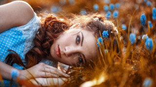 Woman blueflowers cinematic photorealistic portrait - blue flower free wallpaper