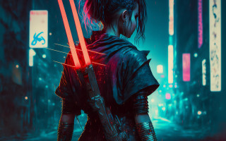 Woman red lightsaber cyberpunk city - cedric peyravernay free wallpaper