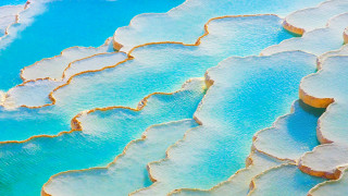 Mosaic beach ocean watercraft mountain - a mosaic free wallpaper