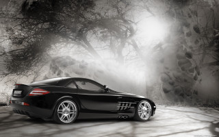 Black sports car dark forest - matte drawing free wallpaper