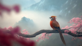 Bird branch cherryblossoms mountain pinkflowers - chris labrooy free wallpaper