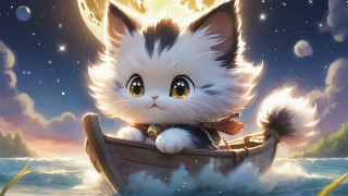Cat boat fullmoon starry sky - a full moon in the background free wallpaper