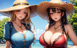Beach girls hats lace dress - tree and water free wallpaper