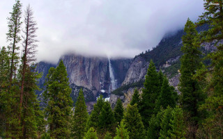 Waterfall clouds mountainside Yose Falls - the cloud free wallpaper