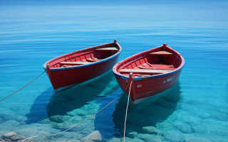 Red boats shore lake rocks - clear blue water free wallpaper