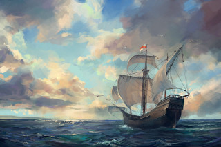 Ship ocean cloudy sky birds - a painting of a ship in the ocean free wallpaper