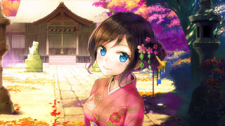 Kimono girl autumn flowers anime - a park free wallpaper
