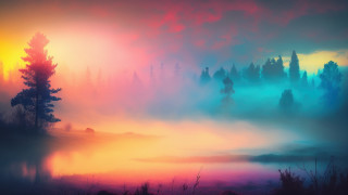 Colorful sunset trees water foggy - tree and water free wallpaper