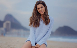 Woman beach blue sweater sitting - beach free wallpaper
