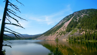 Lake mountain forest sky clouds - a forest in the background free wallpaper