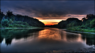 River sunset trees clouds cityscape - river free wallpaper