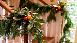 Christmas garland fruit greenery banister - a window in the background free wallpaper
