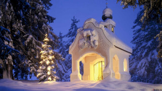 Snowy forest church night magic - evgeny lushpin free wallpaper