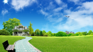 Bench brickpath field house bird - overhead free wallpaper