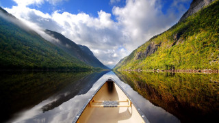 Tranquil boat river mountains clouds - tranquil free wallpaper for desktop