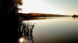 Lake hill trees sunset water - the water and grass free wallpaper