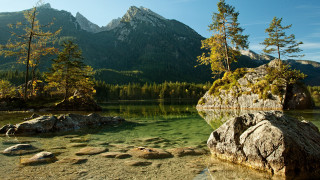 Mountain lake forest rocks sky 11 - clear free wallpaper