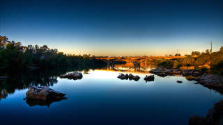 Bridge river rocks trees sunset 4 - river free wallpaper