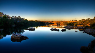 River bridge trees sunset rocks - river free wallpaper