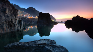 Lake mountain city sunset reflection - bascove free wallpaper