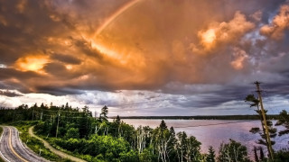 Rainbow road lake trees sunset - both side free wallpaper