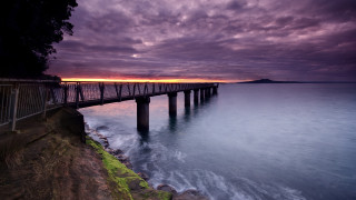 Pier sunset purple sky ocean 2 - rich moody colour free wallpaper