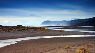 River beach mountains sky lake - a few cloud free wallpaper