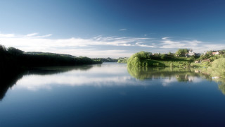 Lake boat trees sky clouds - a few boat free wallpaper