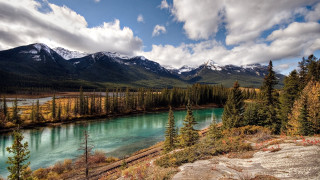 River forest mountains clouds landscape 3 - tree and mountains free wallpaper