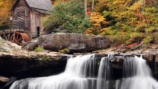 Waterfall river wooden building water - alson s. clark free wallpaper