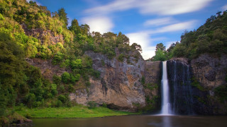 Waterfall lake forest sunny nature - lush free wallpaper