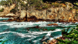 Rocky cliff water trees nature - impressionist free wallpaper