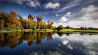Lake trees clouds golfcourse greenfield 3 - a green field and trees free wallpaper