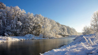 River snowy trees mountains blue - regionalism free wallpaper